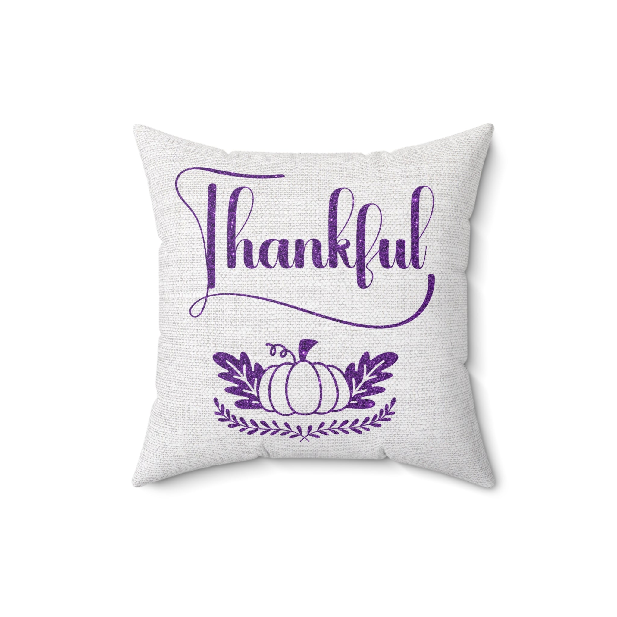 Thankful Pumpkin Purple Glitter and Leaves on Soothing Gray Linen Pattern Spun Polyester Square Pillow Size: 16" × 16" Jesus Passion Apparel