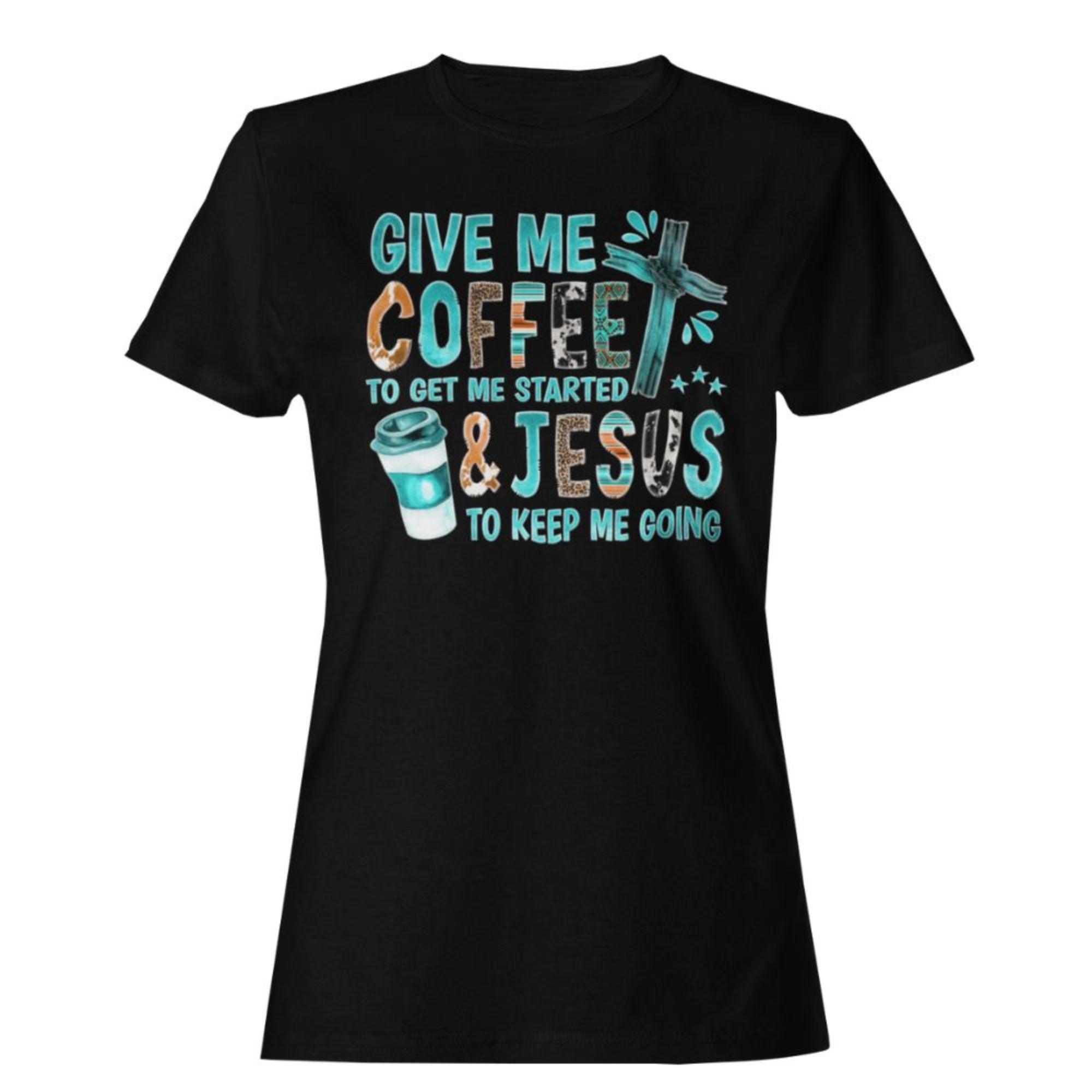 Give Me Coffee and Jesus Women's Short Sleeve Fashion Fit T-Shirt - Matching Tote Available Color: Black Size: S Jesus Passion Apparel