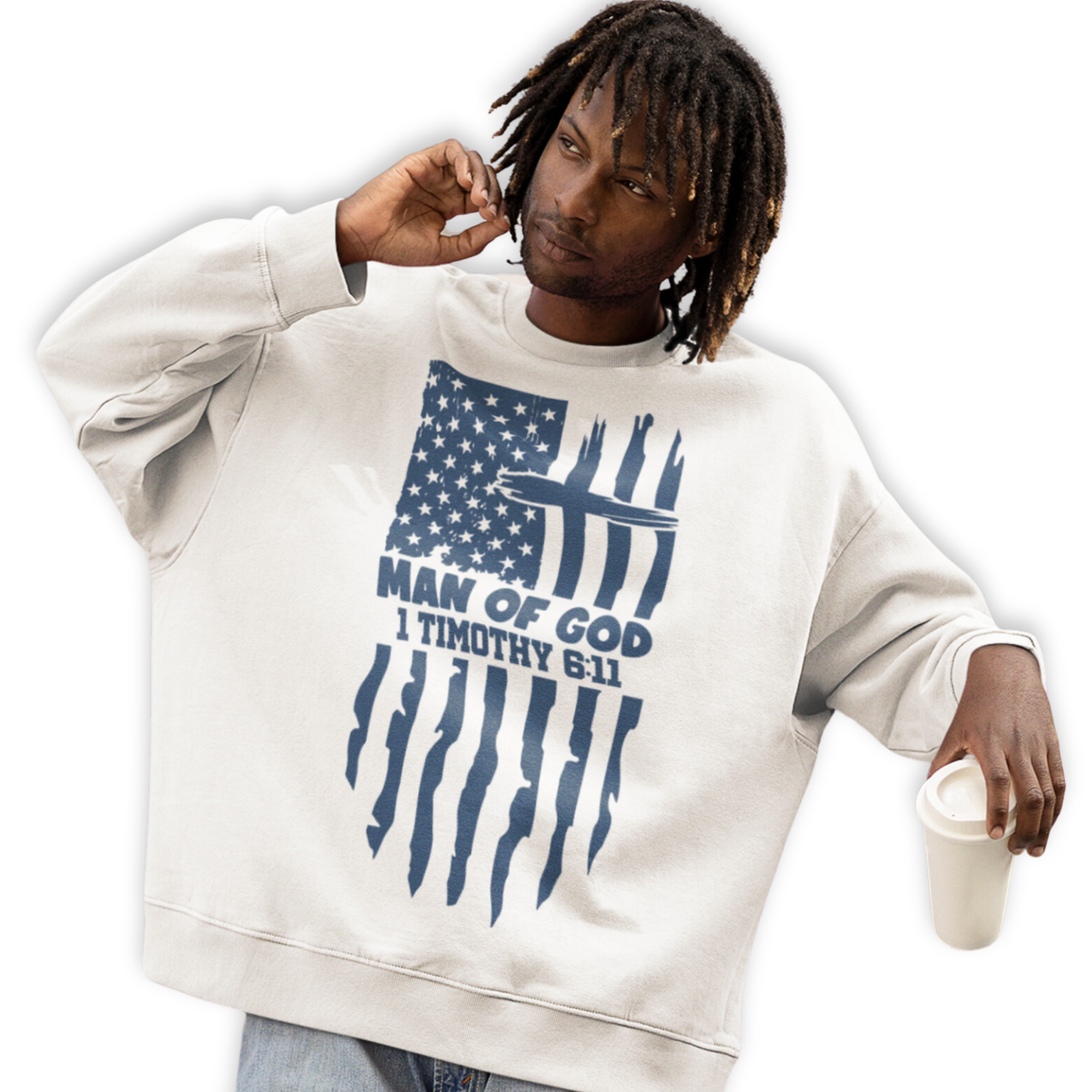 Man of God American Flag Men's Unisex-Fit Fleece Sweatshirt - White Size: S Color: White Jesus Passion Apparel