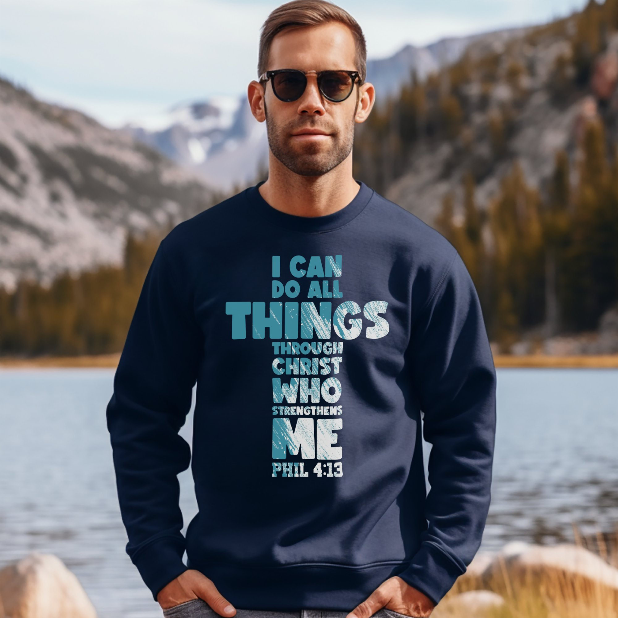 Christ Who Strengthens Me Men's Fleece Unisex-Fit Sweatshirt - Navy Size: S Color: Navy Jesus Passion Apparel