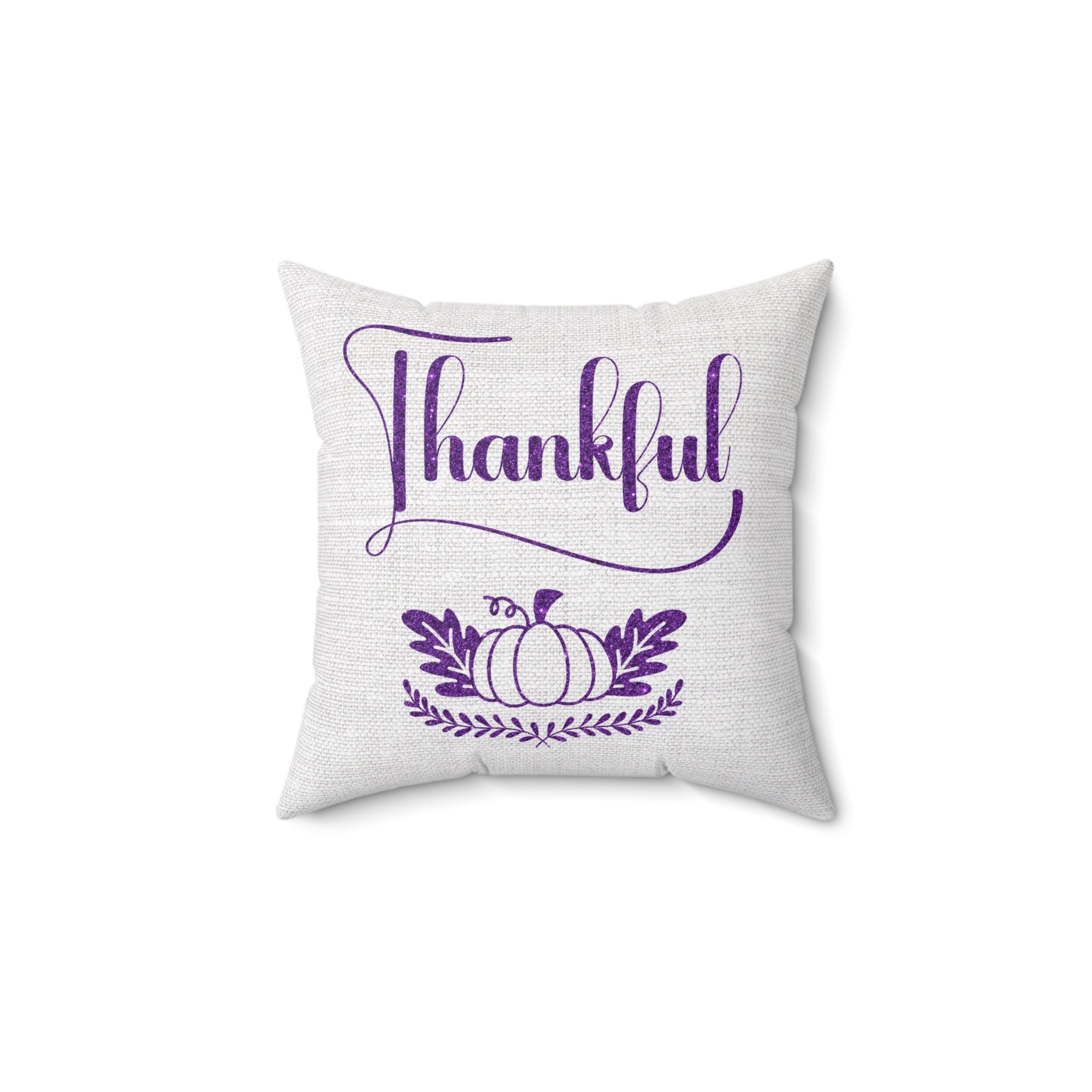 Thankful Pumpkin Purple Glitter and Leaves on Soothing Gray Linen Pattern Spun Polyester Square Pillow Size: 14" × 14" Jesus Passion Apparel