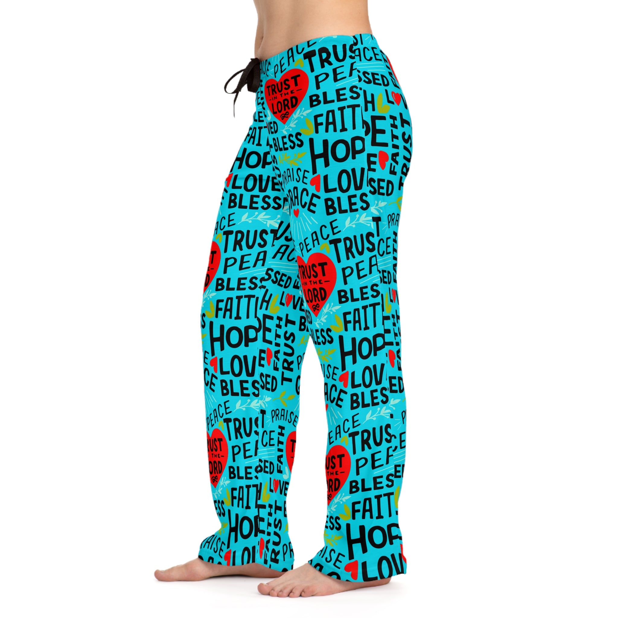 Trust in the Lord Women's Ocean Blue Lounge / Pajama Pants - Matching Pajama Set and Indoor Slippers Available Size: XS Color: White stitching Jesus Passion Apparel