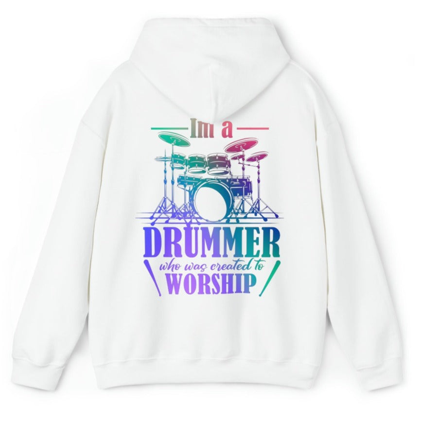 Drummer Created to Worship Men's Heavy Blend™ Hoodie Color: White Size: S Jesus Passion Apparel