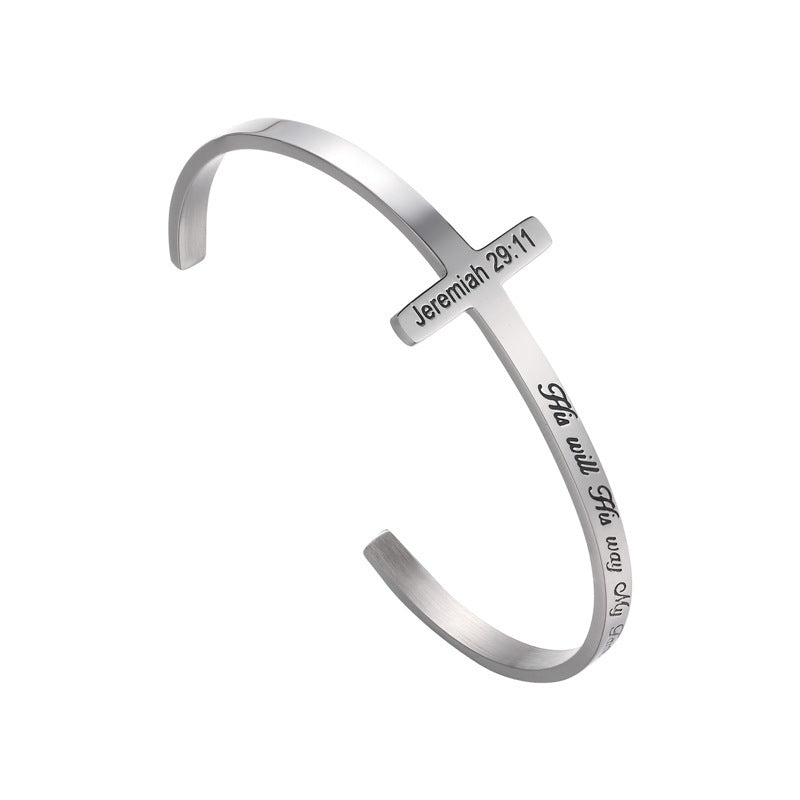 Cross Bible Verses Engraved Titanium Steel Bracelet - 4 Verse Options Color: Silver Size: B912 Jesus Passion Apparel