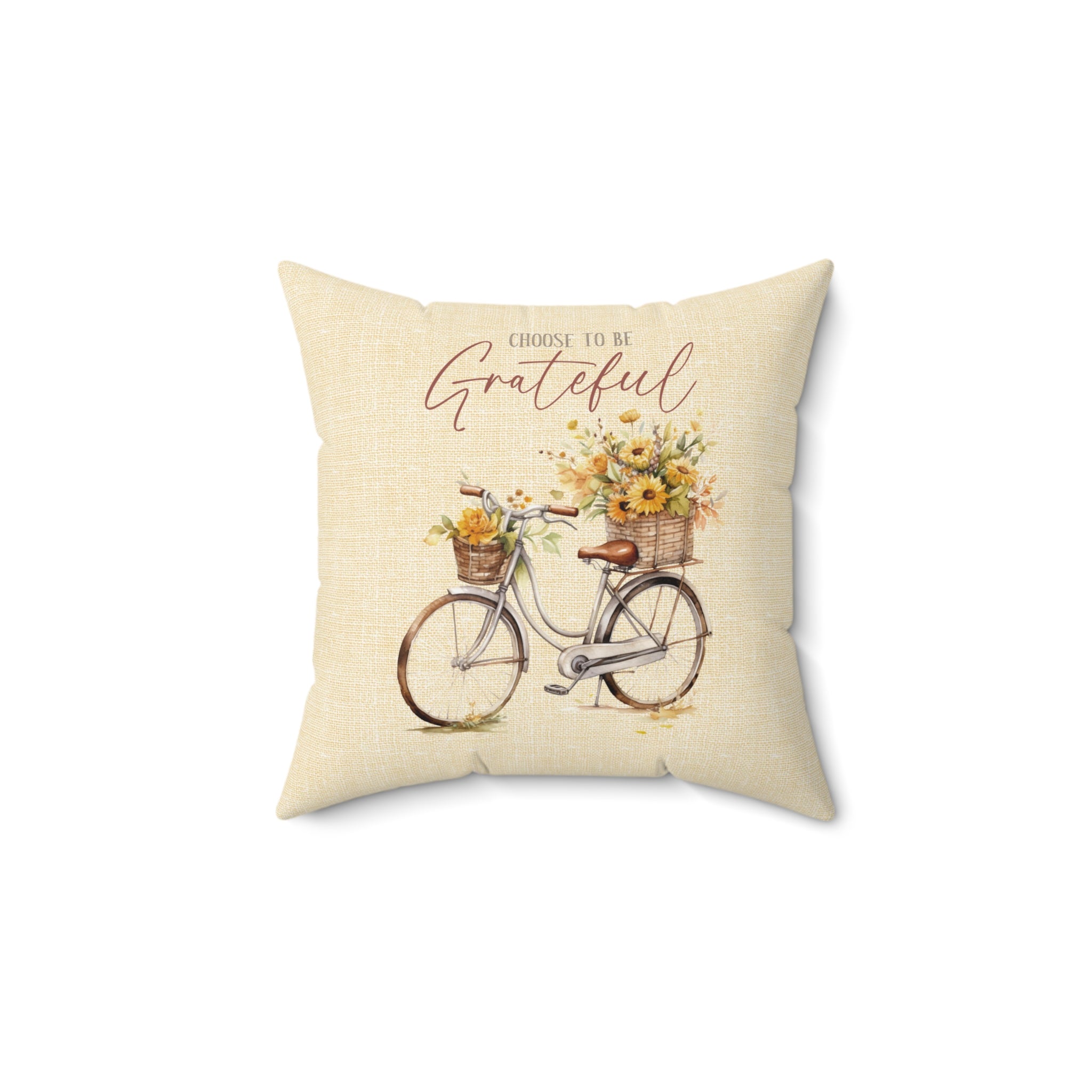 Choose To Be Grateful Bicycle and Flower Baskets on a Butter Linen Background Spun Polyester Square Pillow Size: 14" × 14" Jesus Passion Apparel