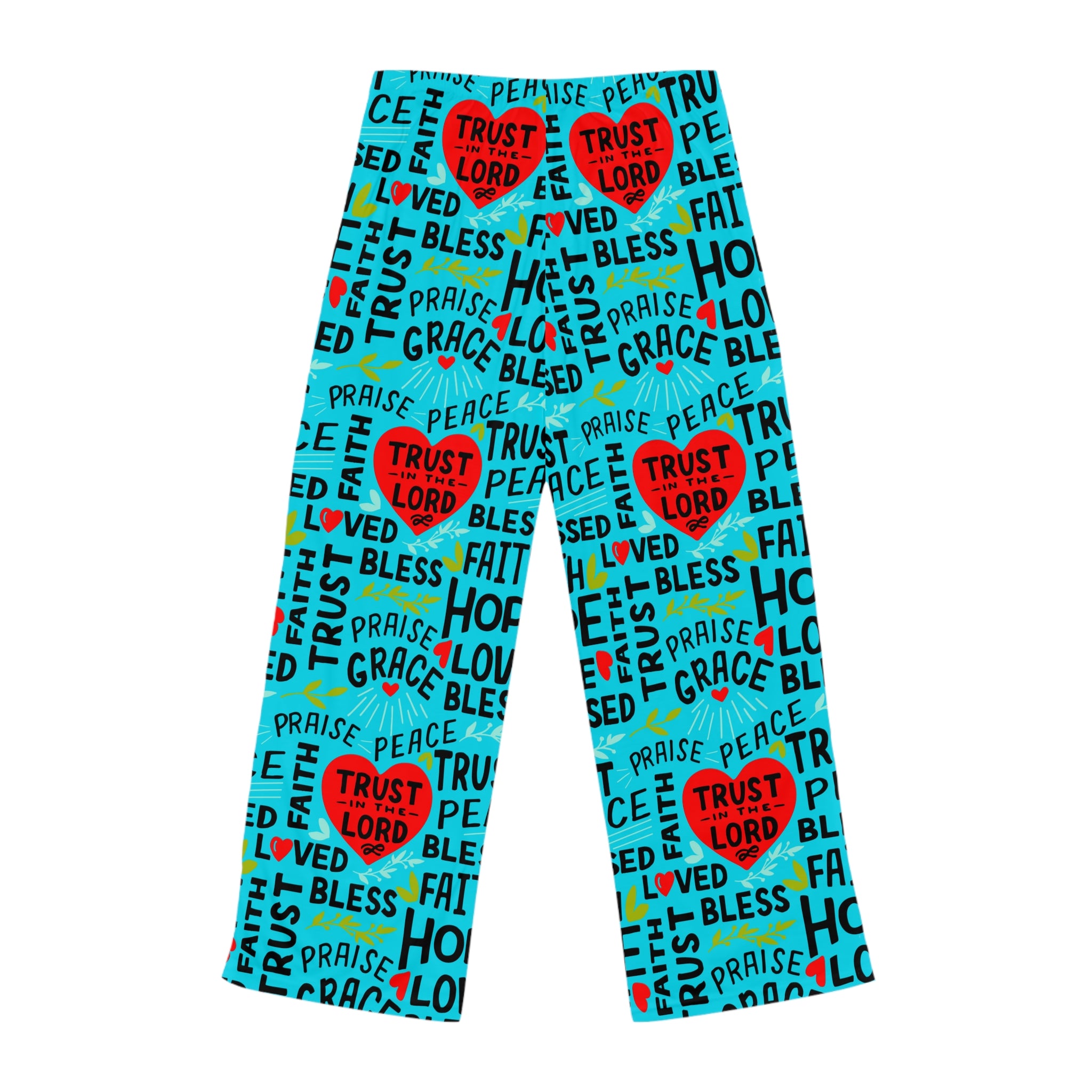 Trust in the Lord Women's Ocean Blue Lounge / Pajama Pants - Matching Pajama Set and Indoor Slippers Available Size: XS Color: White stitching Jesus Passion Apparel