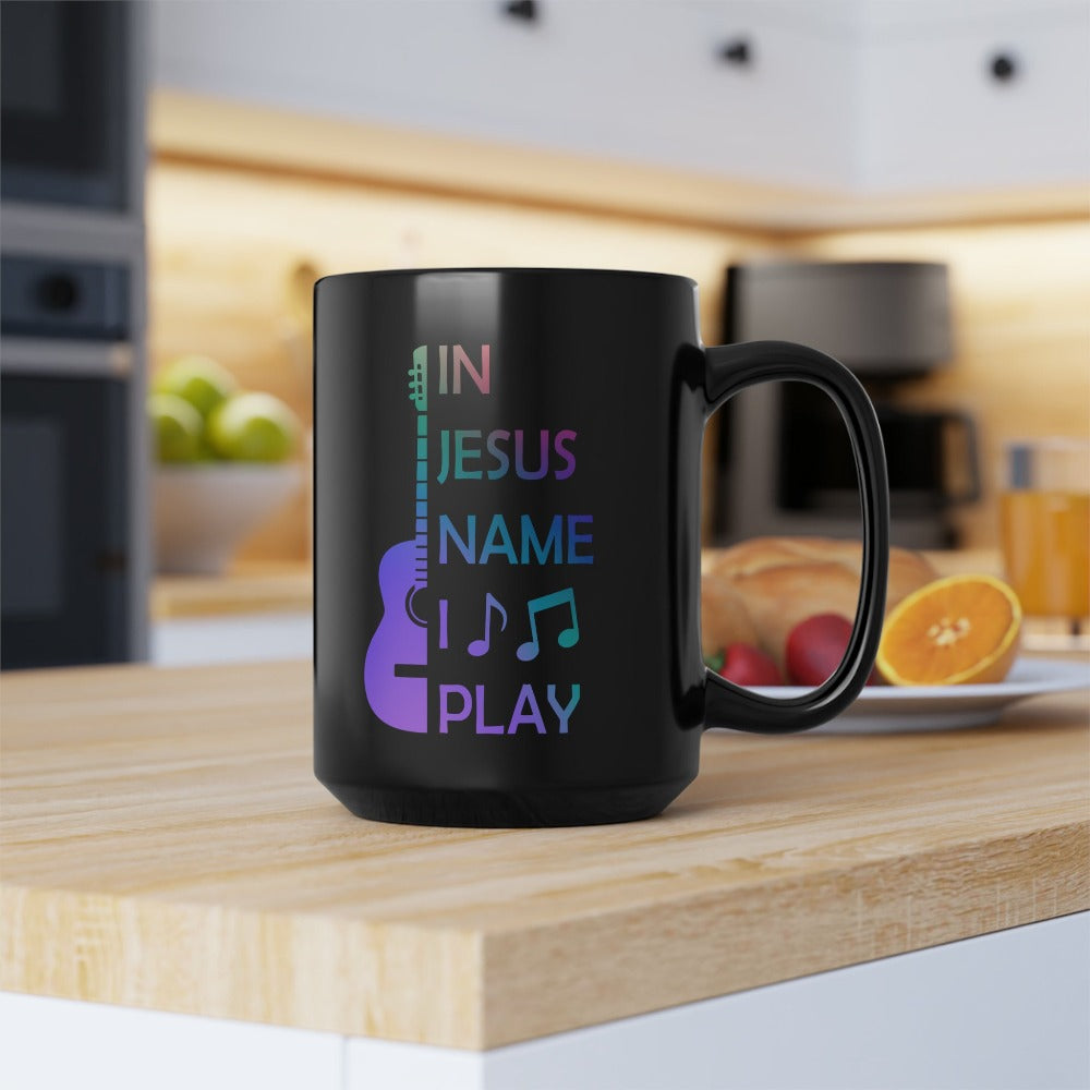 In Jesus Name I Play Acoustic Guitar - 15 oz Mug Size: Black 15oz Jesus Passion Apparel