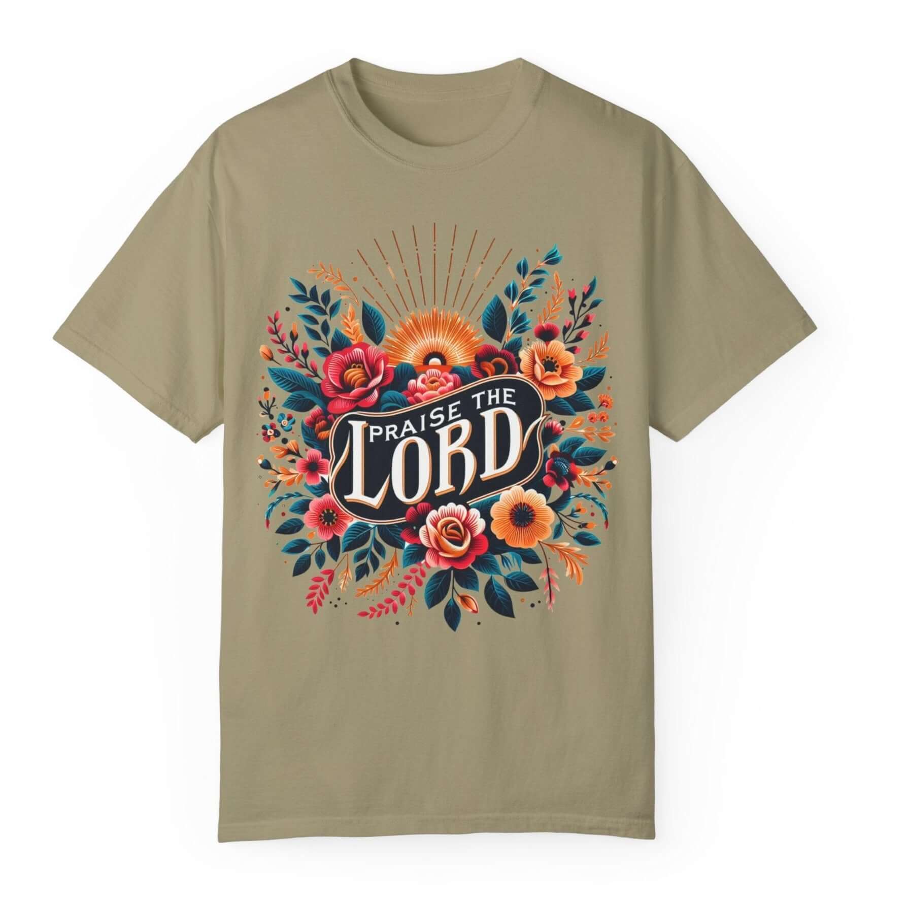 Praise the Lord Floral Sunshine Women's Short Sleeve Tee Color: Khaki Size: S Jesus Passion Apparel