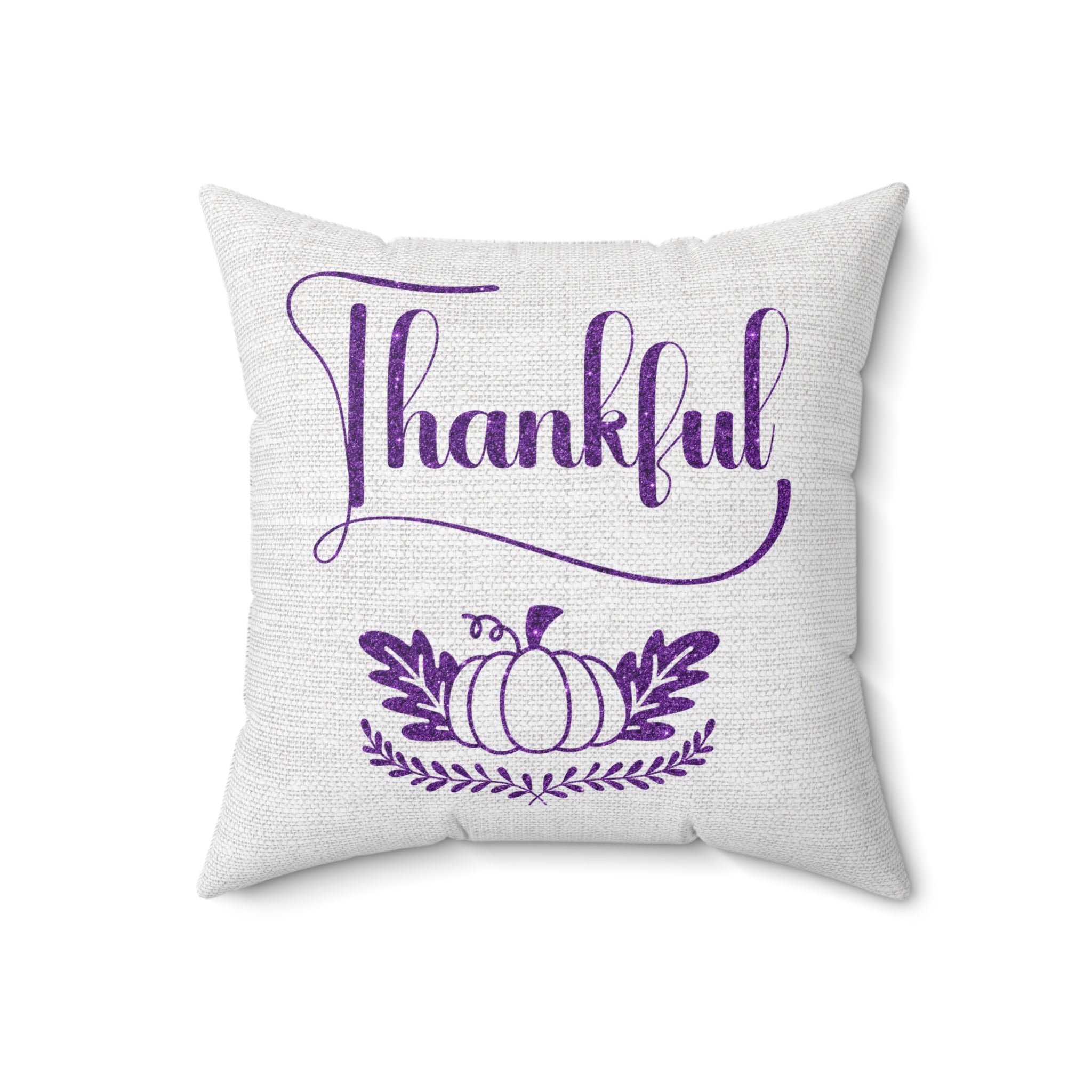 Thankful Pumpkin Purple Glitter and Leaves on Soothing Gray Linen Pattern Spun Polyester Square Pillow Size: 18" × 18" Jesus Passion Apparel