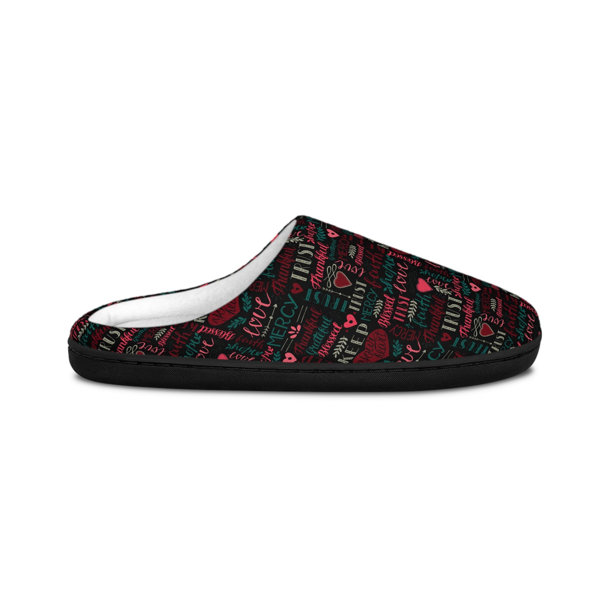 Faith Hope Love Women's Indoor Slippers - Matching Pajama Set and Lounge / Pajama Pants Available Size: US 7 - 8 Color: Black sole Jesus Passion Apparel