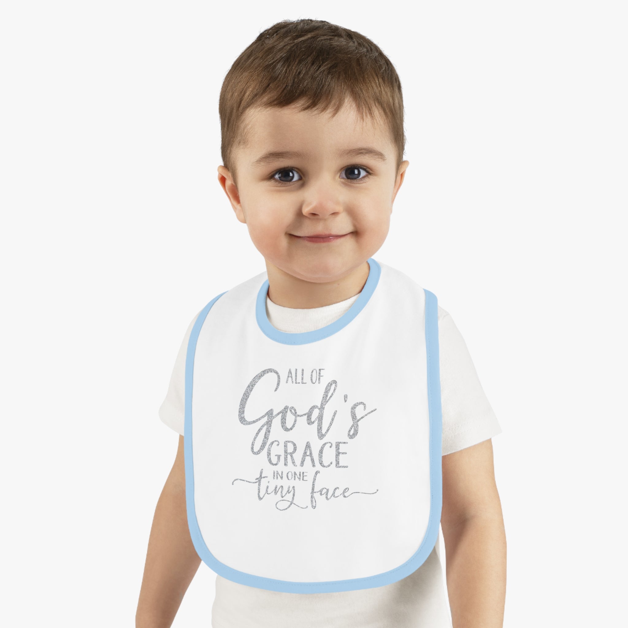 All of God's Grace in One Tiny Face - Silver Glitter Baby Jersey Bib Color: White/Black Size: One size Jesus Passion Apparel