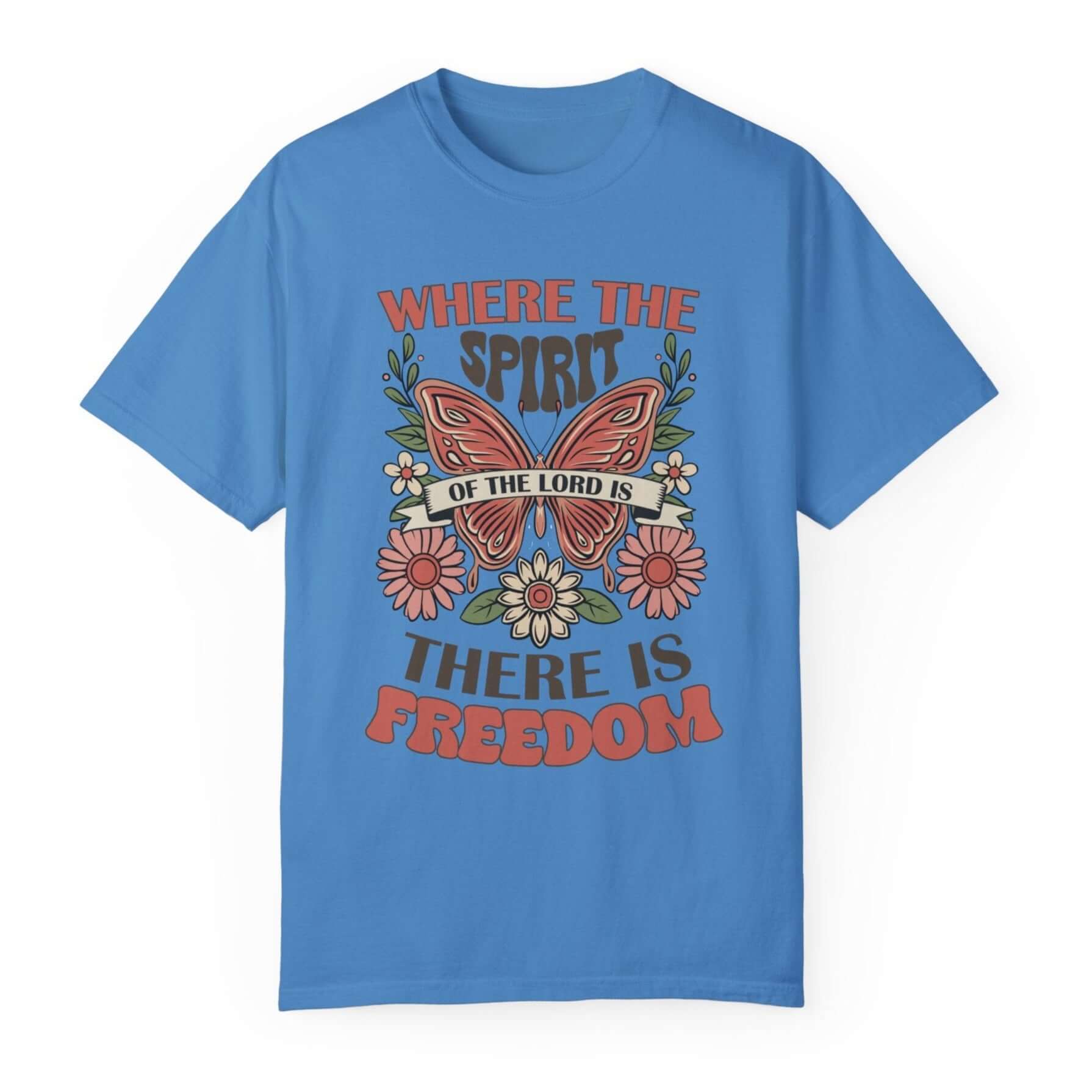 Spirit of the Lord is Freedom Floral Butterfly Women's Short Sleeve Tee Color: Royal Caribe Size: S Jesus Passion Apparel
