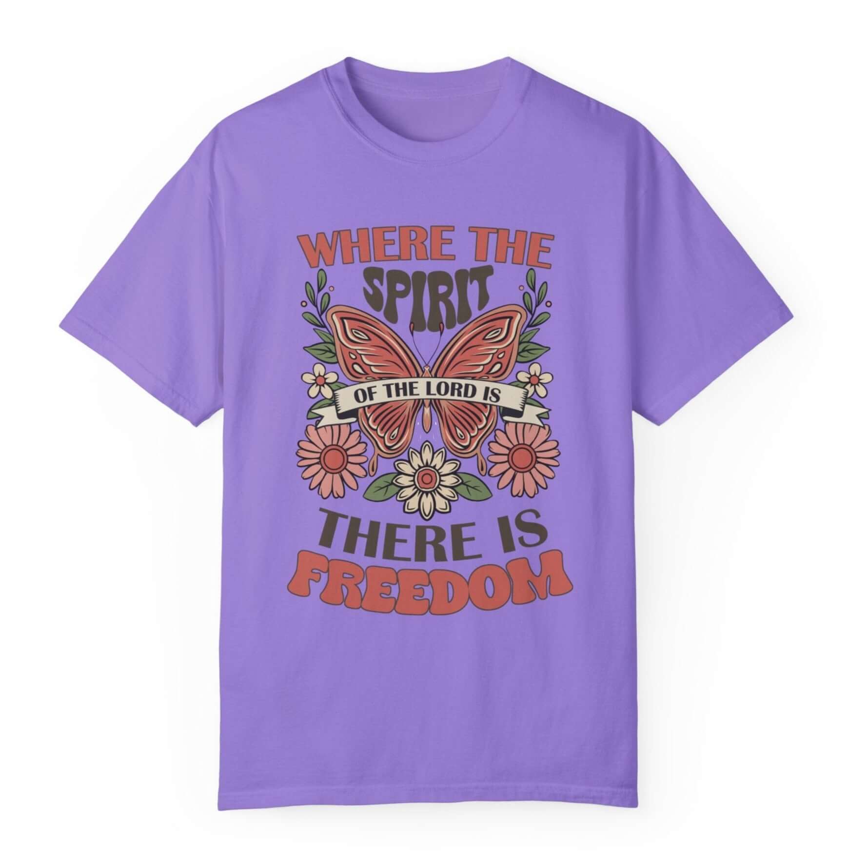 Spirit of the Lord is Freedom Floral Butterfly Women's Short Sleeve Tee Color: Violet Size: S Jesus Passion Apparel