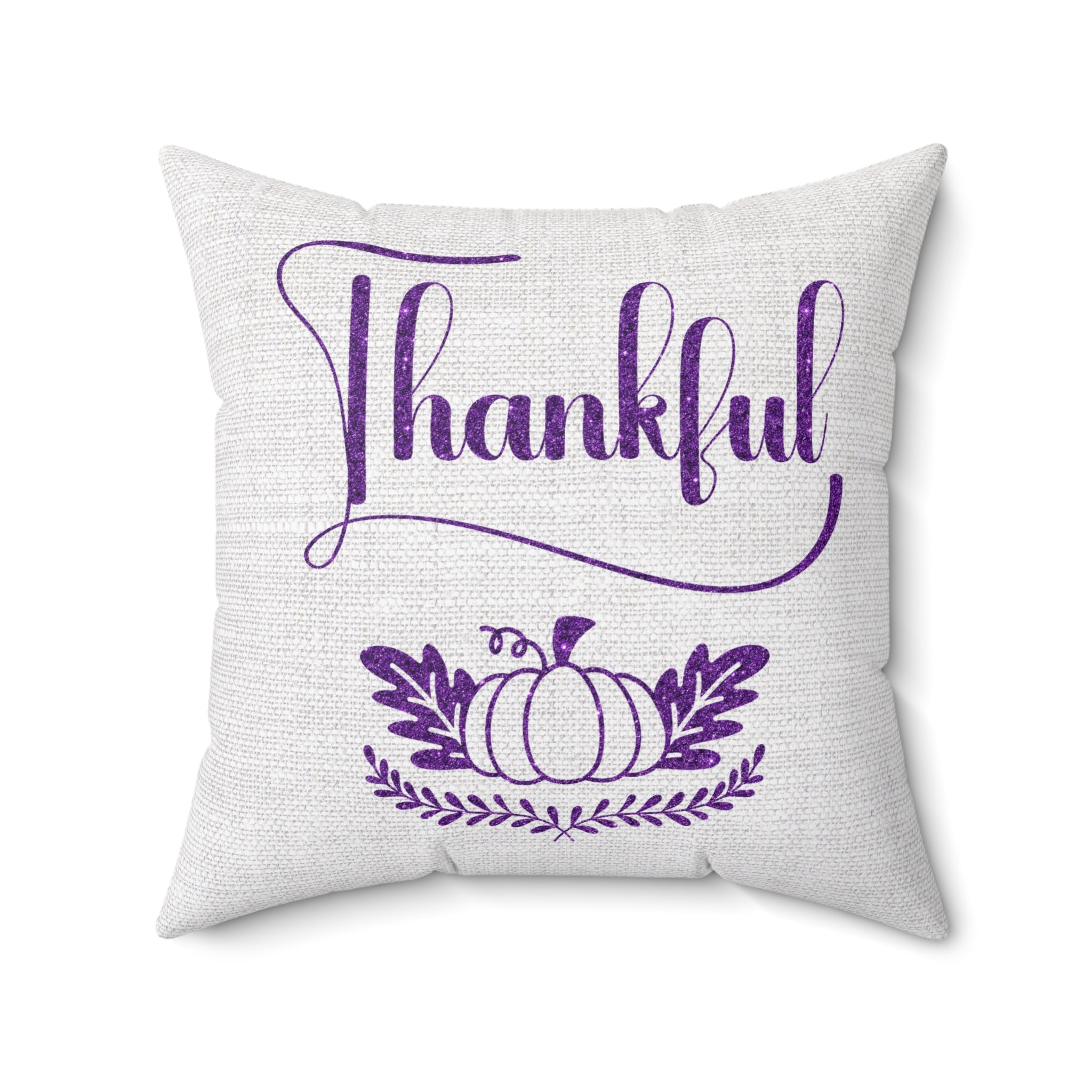 Thankful Pumpkin Purple Glitter and Leaves on Soothing Gray Linen Pattern Spun Polyester Square Pillow Size: 14" × 14" Jesus Passion Apparel