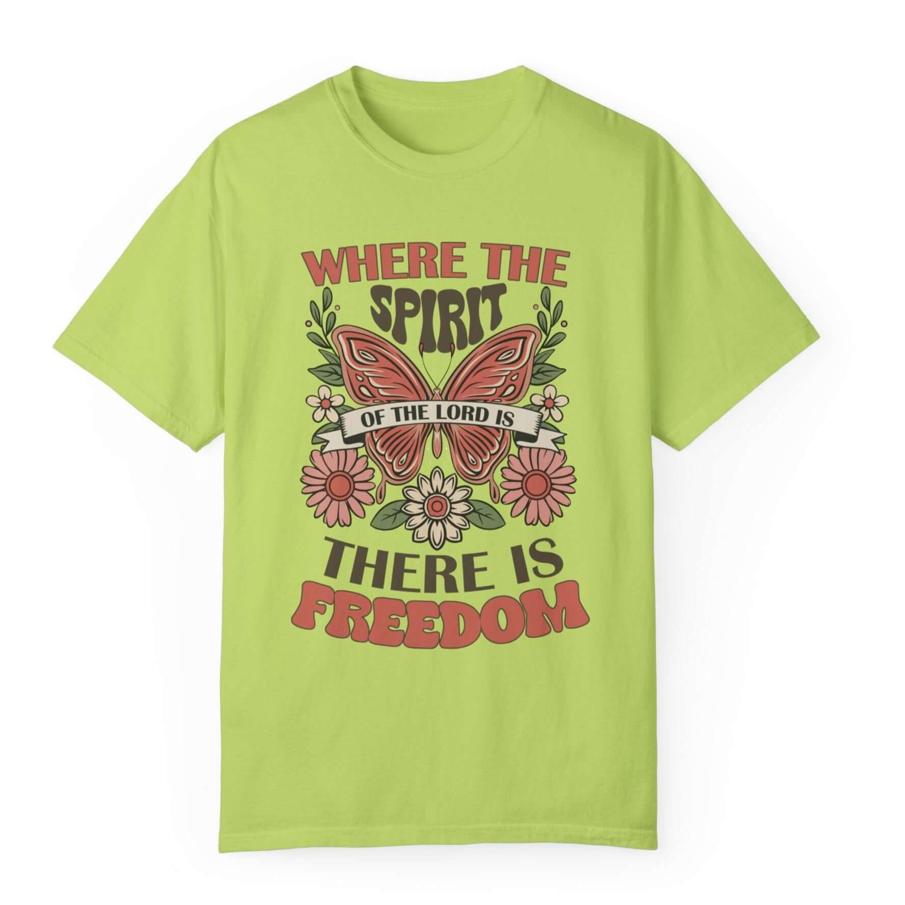 Spirit of the Lord is Freedom Floral Butterfly Women's Short Sleeve Tee Color: Kiwi Size: 4XL Jesus Passion Apparel