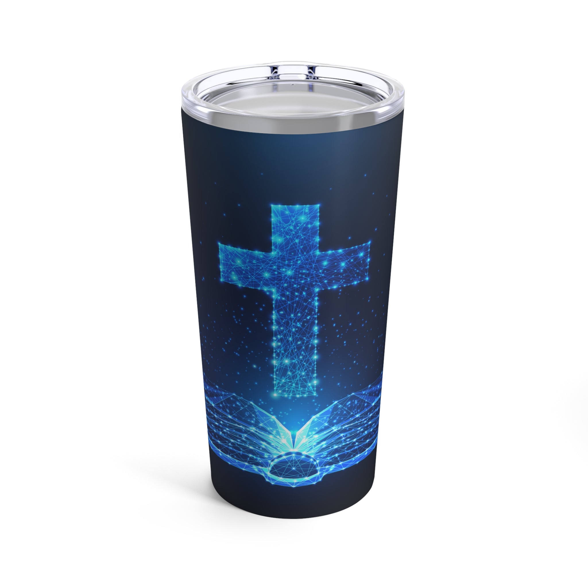 Blue Glow Cross Bible Hot-Cold Tumbler 20 oz with Sip Lid Size: 20oz Jesus Passion Apparel