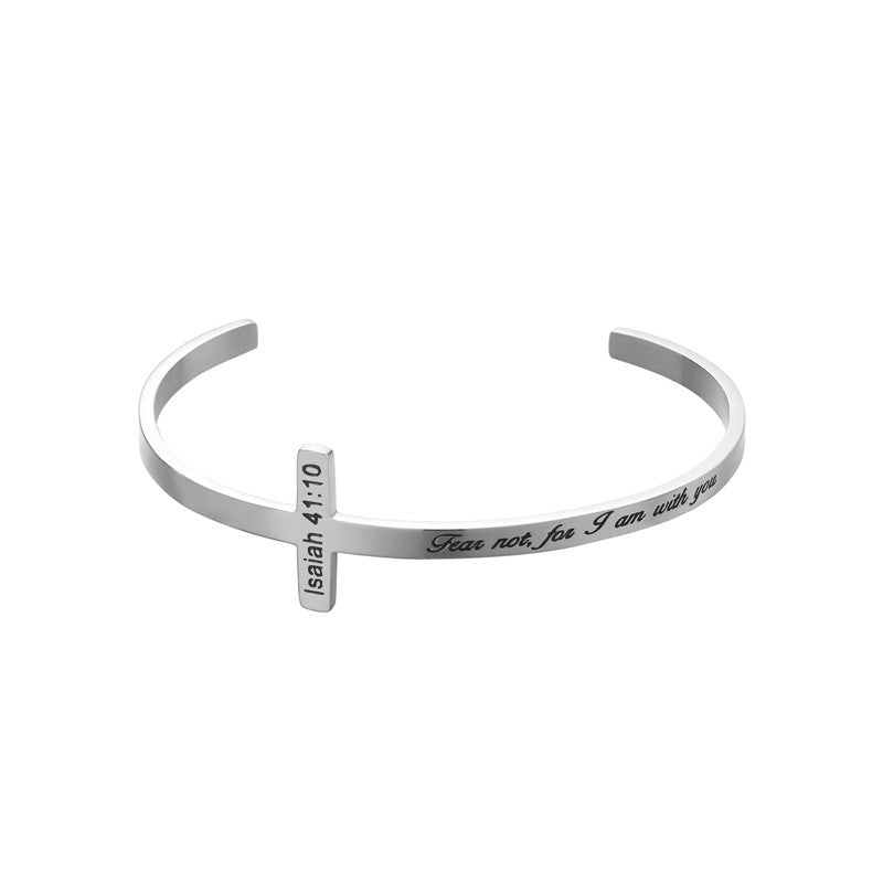 Cross Bible Verses Engraved Titanium Steel Bracelet - 4 Verse Options Color: Silver Size: B913 Jesus Passion Apparel