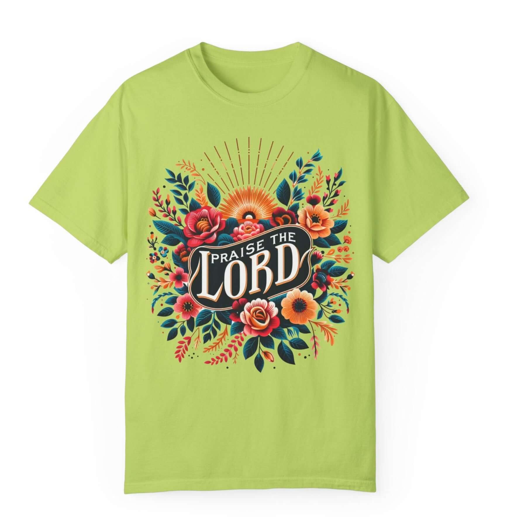 Praise the Lord Floral Sunshine Women's Short Sleeve Tee Color: Kiwi Size: 4XL Jesus Passion Apparel