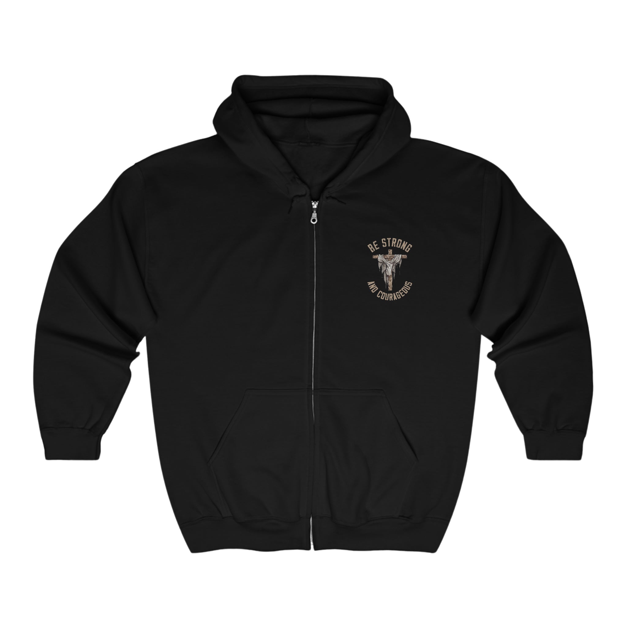 Be Strong and Courageous Retro-Inspired Premium Men's Jacket Heavy Blend™ Hoodie Size: S Color: Black Jesus Passion Apparel