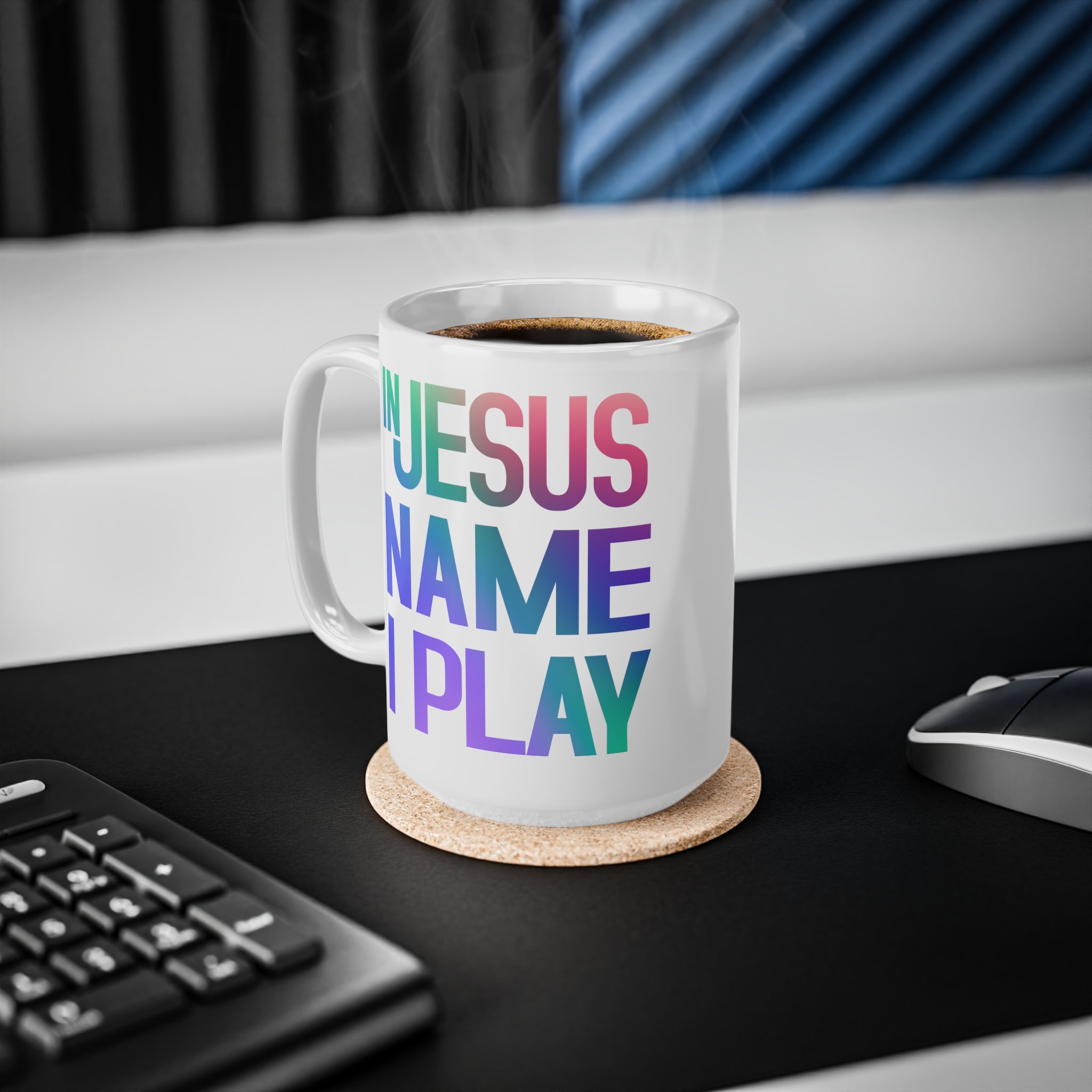 In Jesus Name I Play Drums Black 15 oz Mug Size: Black 15oz Jesus Passion Apparel