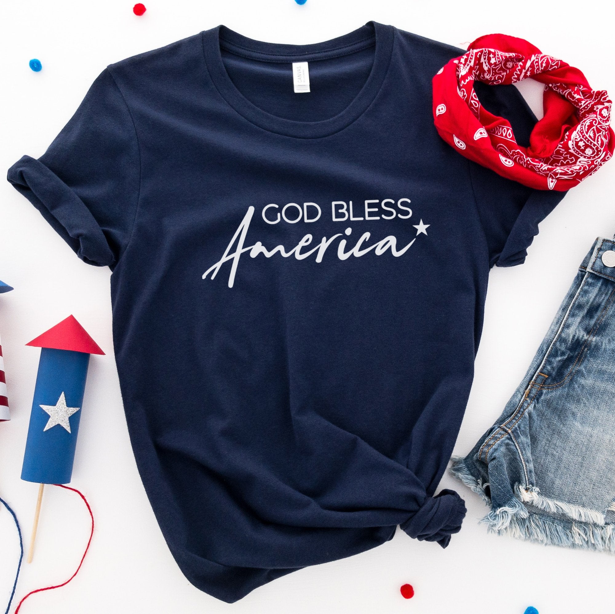 God Bless America Star Women's Short Sleeve T-shirt Size: XS Color: Solid Black Blend Jesus Passion Apparel