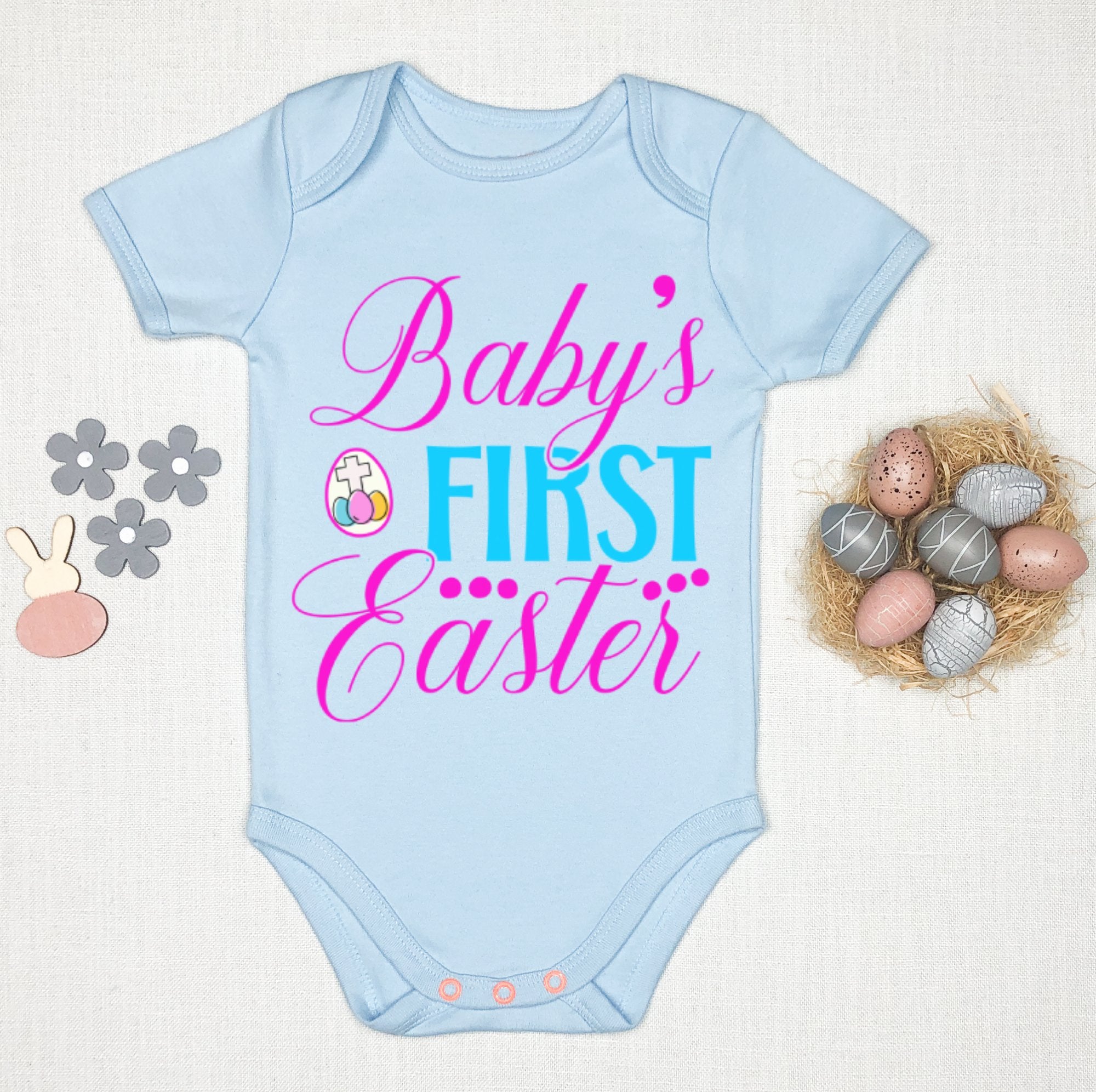 Baby's First Easter Cross Eggs Infant Fine Jersey Bodysuit Size: 6mo Color: White Jesus Passion Apparel