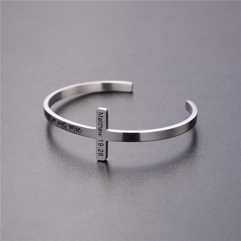 Cross Bible Verses Engraved Titanium Steel Bracelet - 4 Verse Options Color: Silver Size: B912 Jesus Passion Apparel