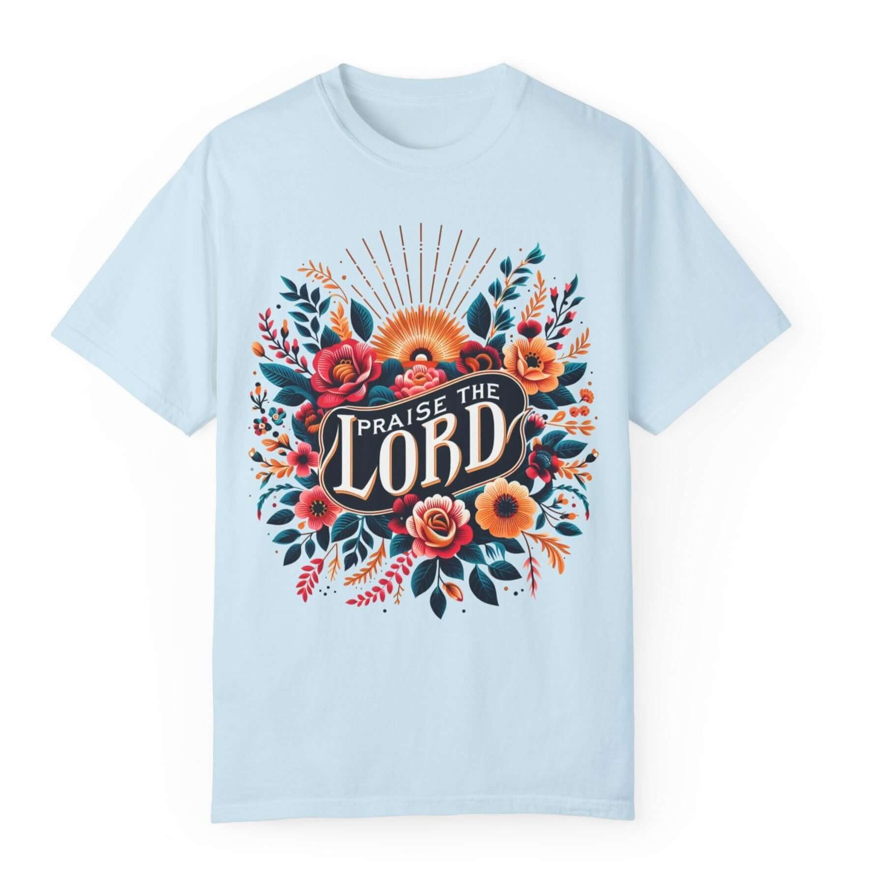 Praise the Lord Floral Sunshine Women's Short Sleeve Tee Color: Chambray Size: S Jesus Passion Apparel