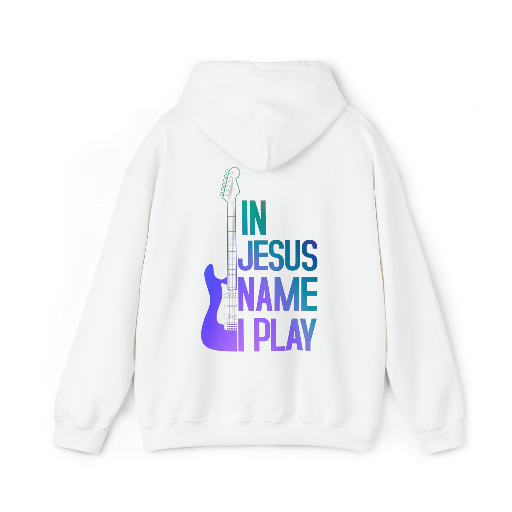 In Jesus Name I Play Electric Guitar Men's Heavy Blend™ Hoodie Color: White Size: S Jesus Passion Apparel