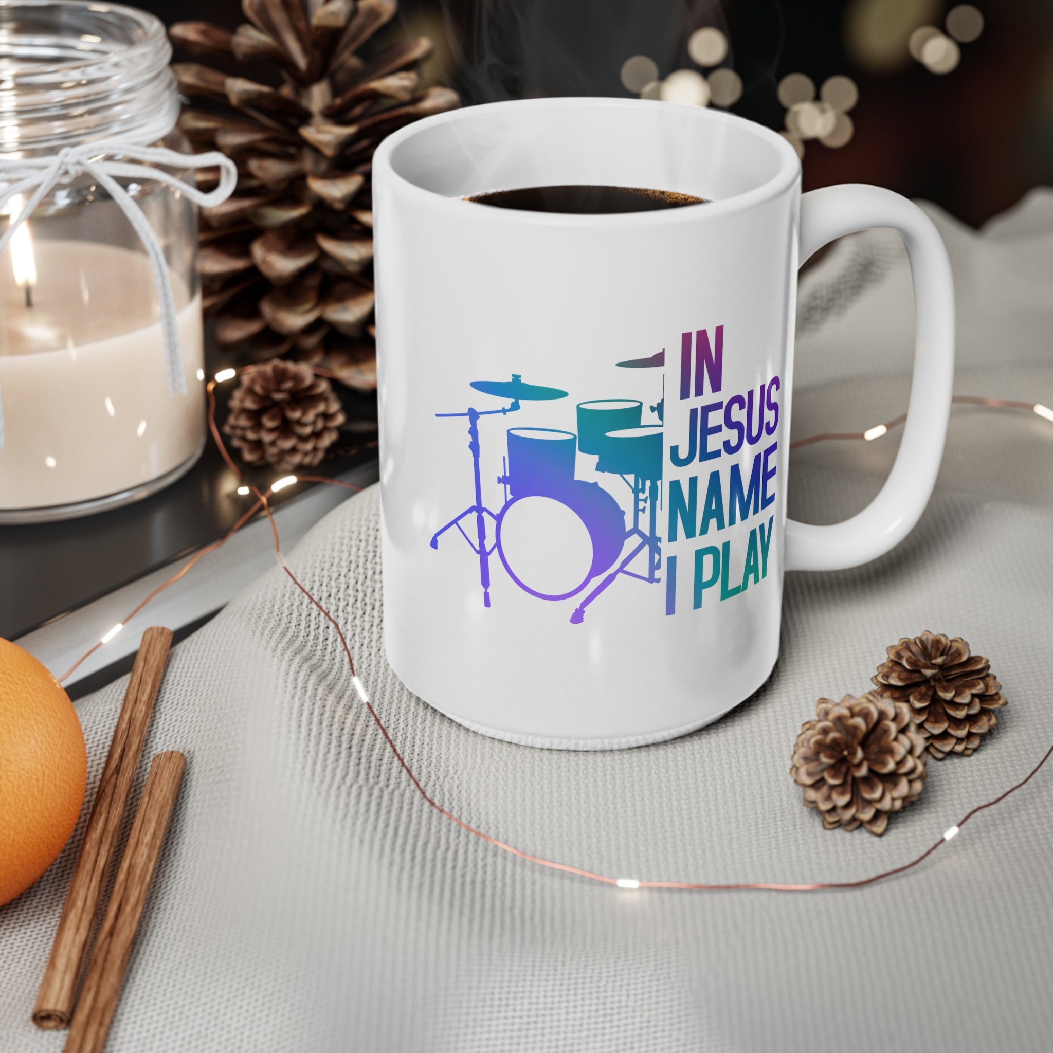 In Jesus Name I Play Drums Black 15 oz Mug Size: Black 15oz Jesus Passion Apparel