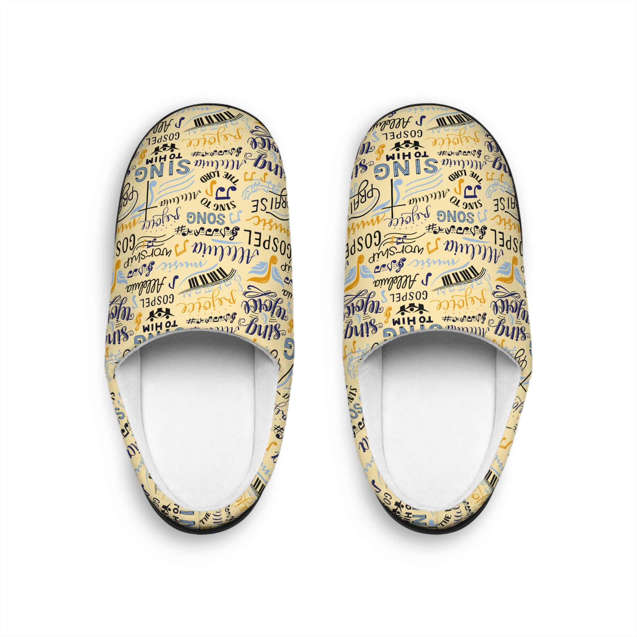 Sing To Him Alleluia Women's Yellow Indoor Slippers - Matching Pajama Set and Lounge / Pajama Pants Available Size: US 7 - 8 Color: Black sole Jesus Passion Apparel