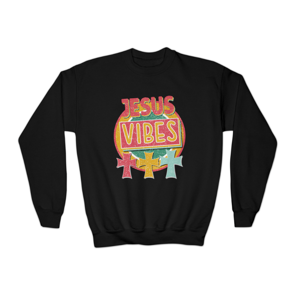 Jesus Vibes Youth Crewneck Sweatshirt Colors: Black Sizes: XS Jesus Passion Apparel