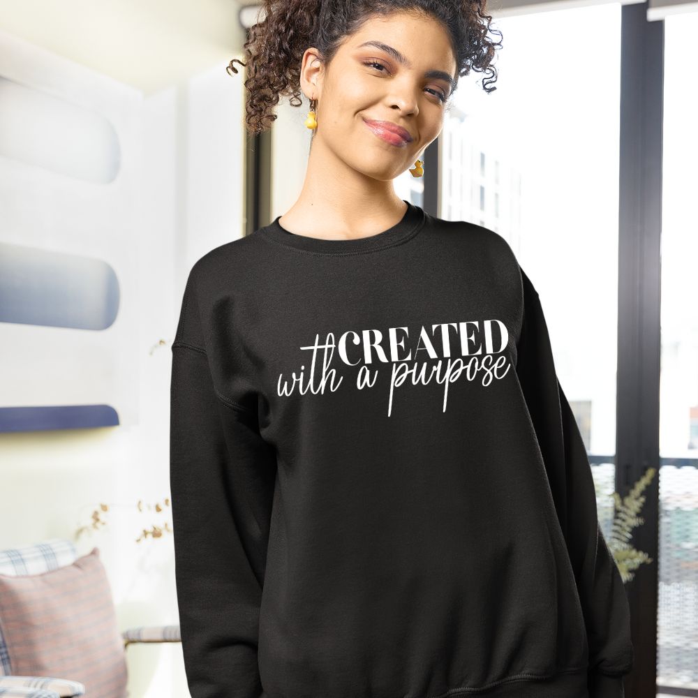 Created with a Purpose Women's Fleece Unisex-Fit Sweatshirt Purple / Black Size: S Color: Purple Jesus Passion Apparel