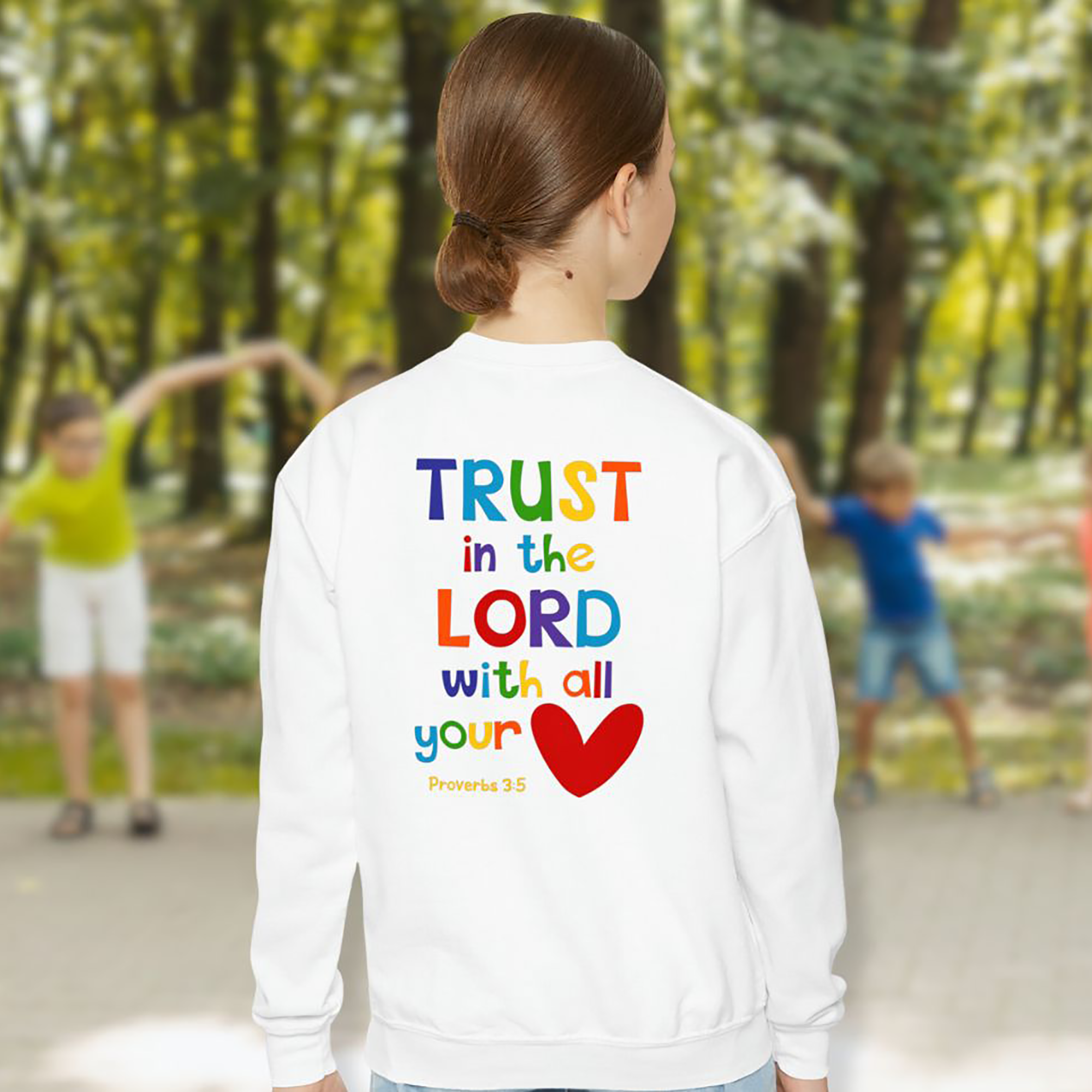 Trust in the Lord Youth Crewneck Sweatshirt - Design on Front and Back Color: White Size: XS Jesus Passion Apparel