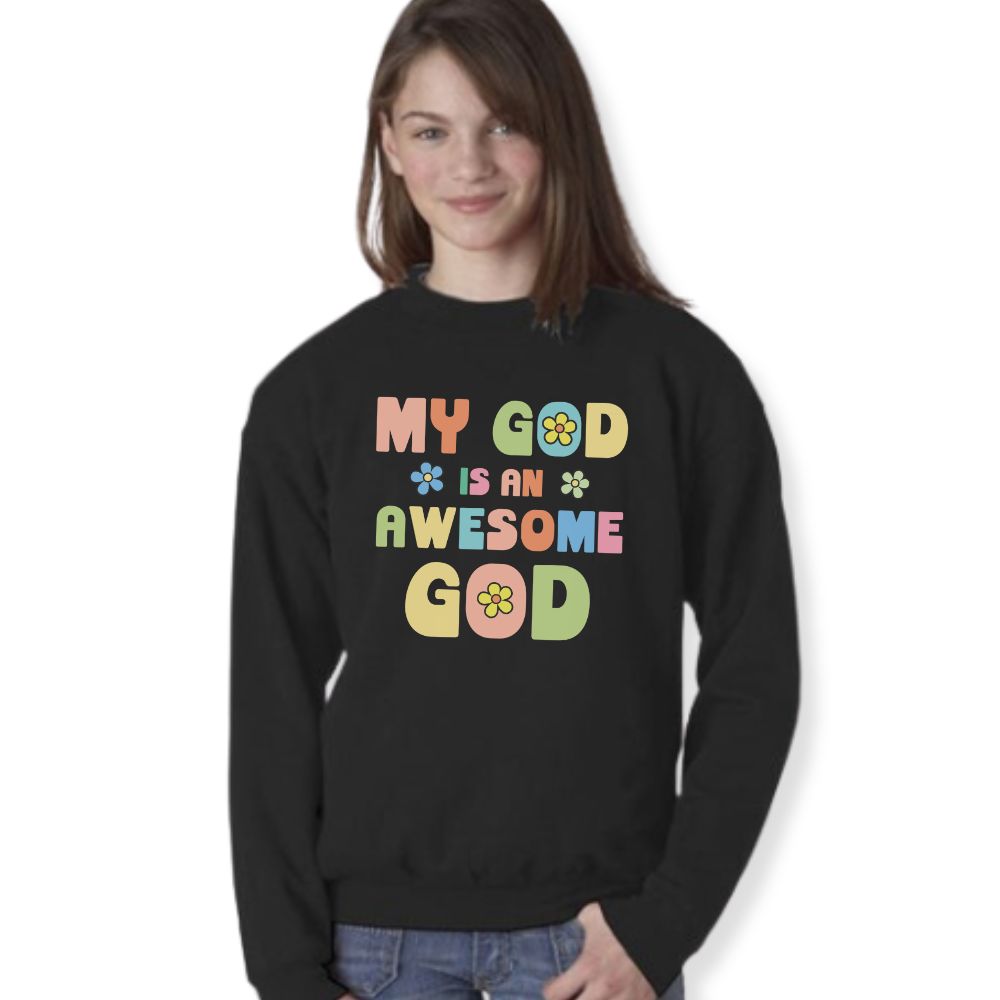 My God Awesome God Youth Crewneck Sweatshirt Colors: White Sizes: XS Jesus Passion Apparel