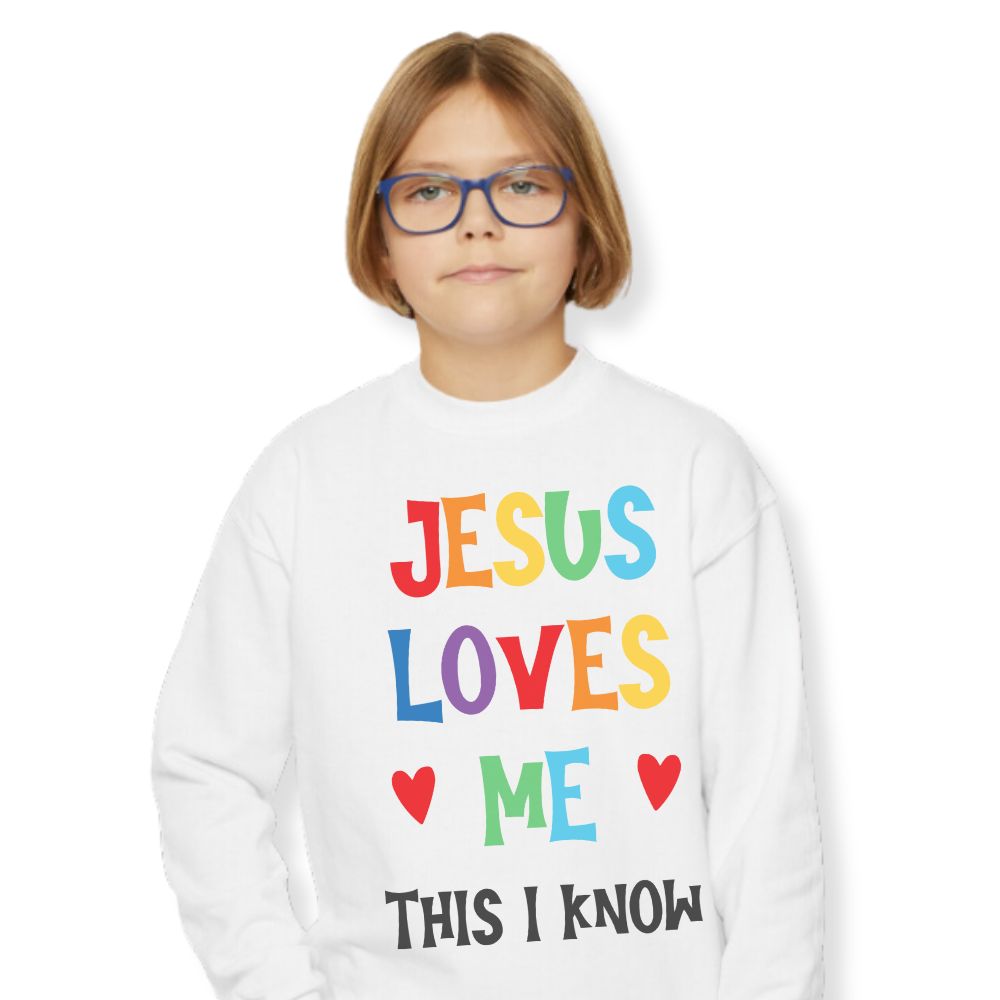 Jesus Loves Me Youth Crewneck Sweatshirt Color: White Size: XS Jesus Passion Apparel