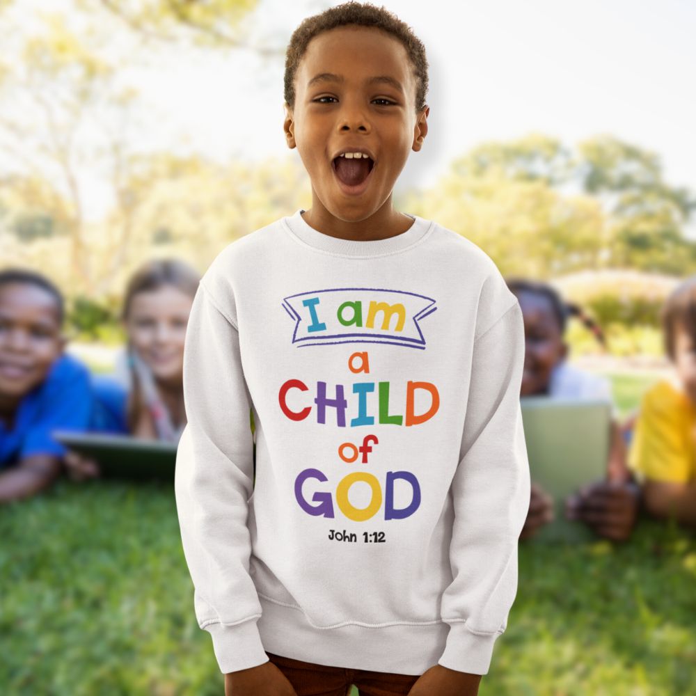 I am a Child of God Youth Crewneck Sweatshirt Color: White Size: XS Jesus Passion Apparel