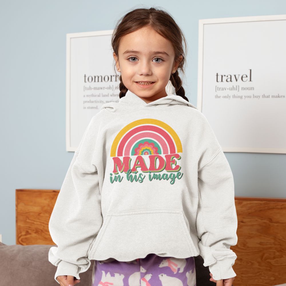 Made in His Image Rainbow Youth Girl's Heavy Blend Hoodie - Design on Front and Back Color: Light Pink Size: S Jesus Passion Apparel