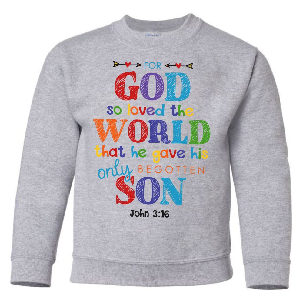 God So loved the World Youth Crewneck Sweatshirt Color: Sport Grey Size: XS Jesus Passion Apparel