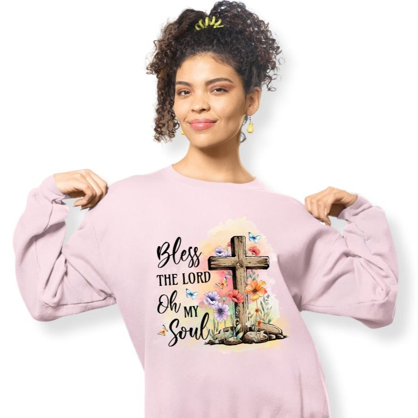 Bless the Lord Oh my Soul Women's Fleece Unisex-Fit Sweatshirt - Light Pink / White Size: S Color: Light Pink Jesus Passion Apparel