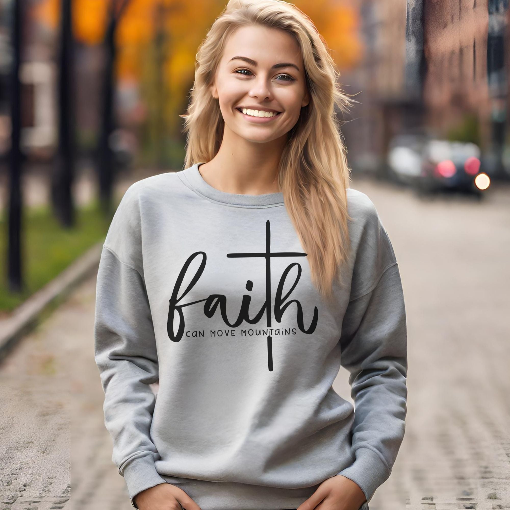 Faith Can Move Mountains Women's Fleece Unisex-Fit Sweatshirt Sport Grey / White Size: S Color: Sport Grey Jesus Passion Apparel