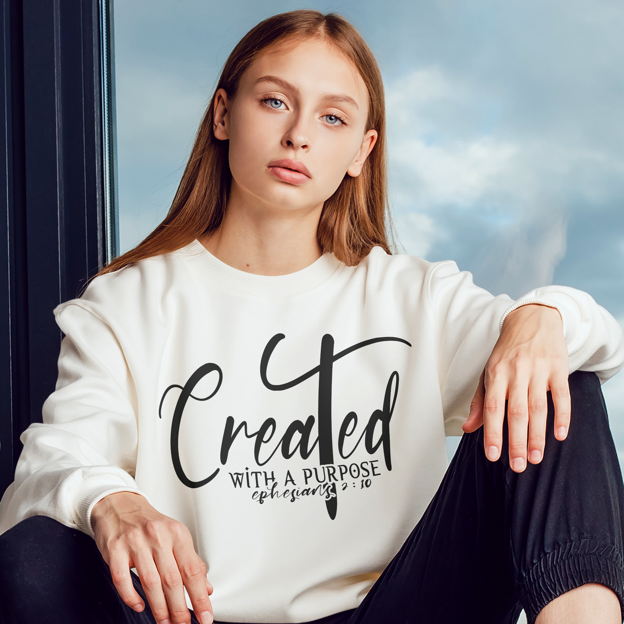 Created with a Purpose Women's Fleece Unisex-Fit Sweatshirt White / Sport Grey / Sand Size: S Color: Sand Jesus Passion Apparel