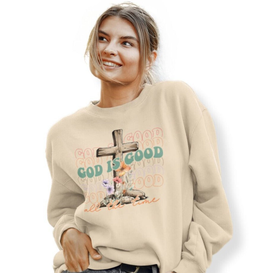 God is Good Women's Fleece Unisex-Fit Sweatshirt Sand / White Size: S Color: Sand Jesus Passion Apparel