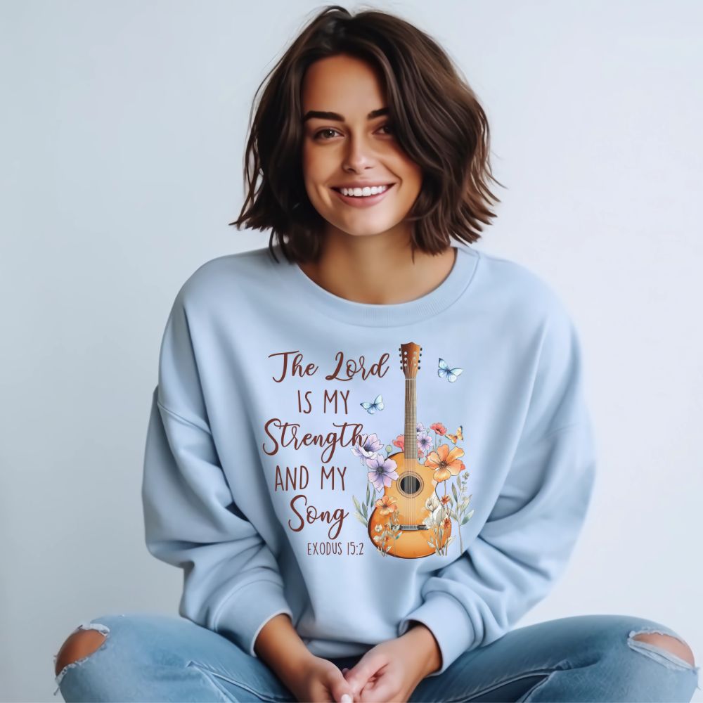 The Lord My Strength and Song Women's Fleece Unisex-Fit Sweatshirt Light Blue / White Size: S Color: Light Blue Jesus Passion Apparel