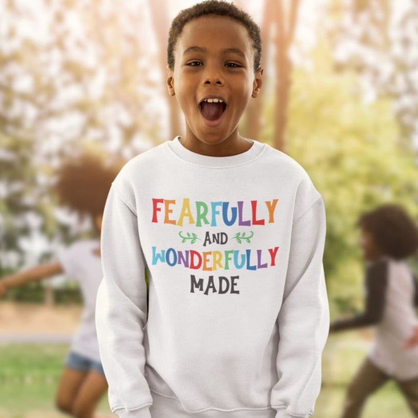 I am Fearfully Made Youth Crewneck Sweatshirt Color: White Size: XS Jesus Passion Apparel