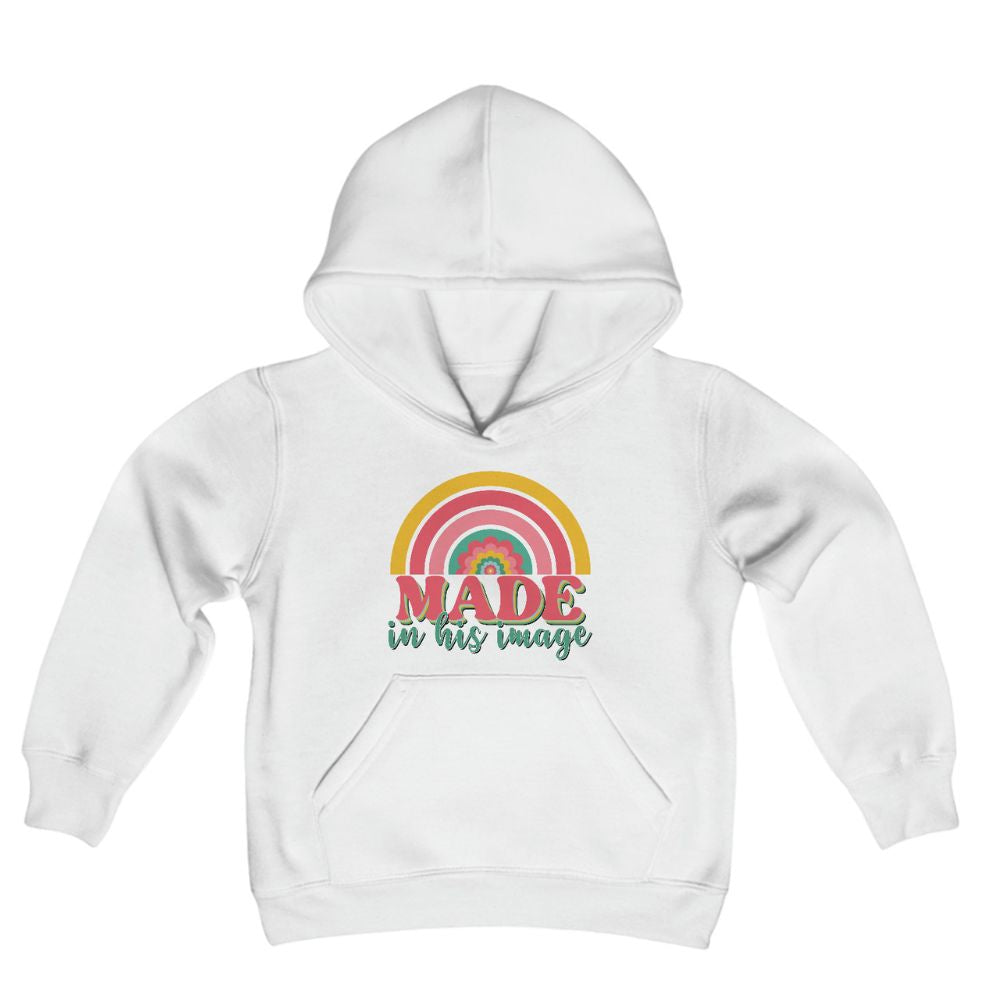 Made in His Image Rainbow Youth Girl's Heavy Blend Hoodie - Design on Front and Back Color: White Size: S Jesus Passion Apparel