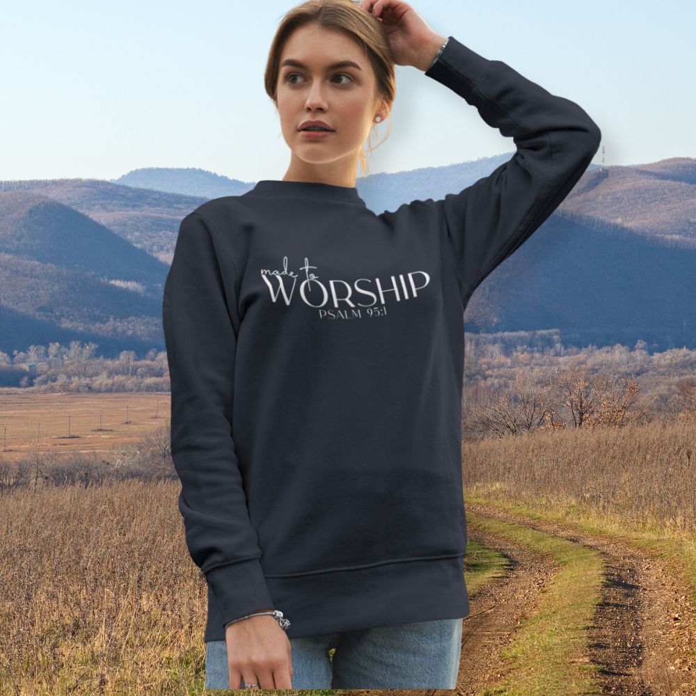 Made to Worship Women's Fleece Unisex-Fit Sweatshirt Navy / Pink Heliconia Size: S Color: Heliconia Jesus Passion Apparel