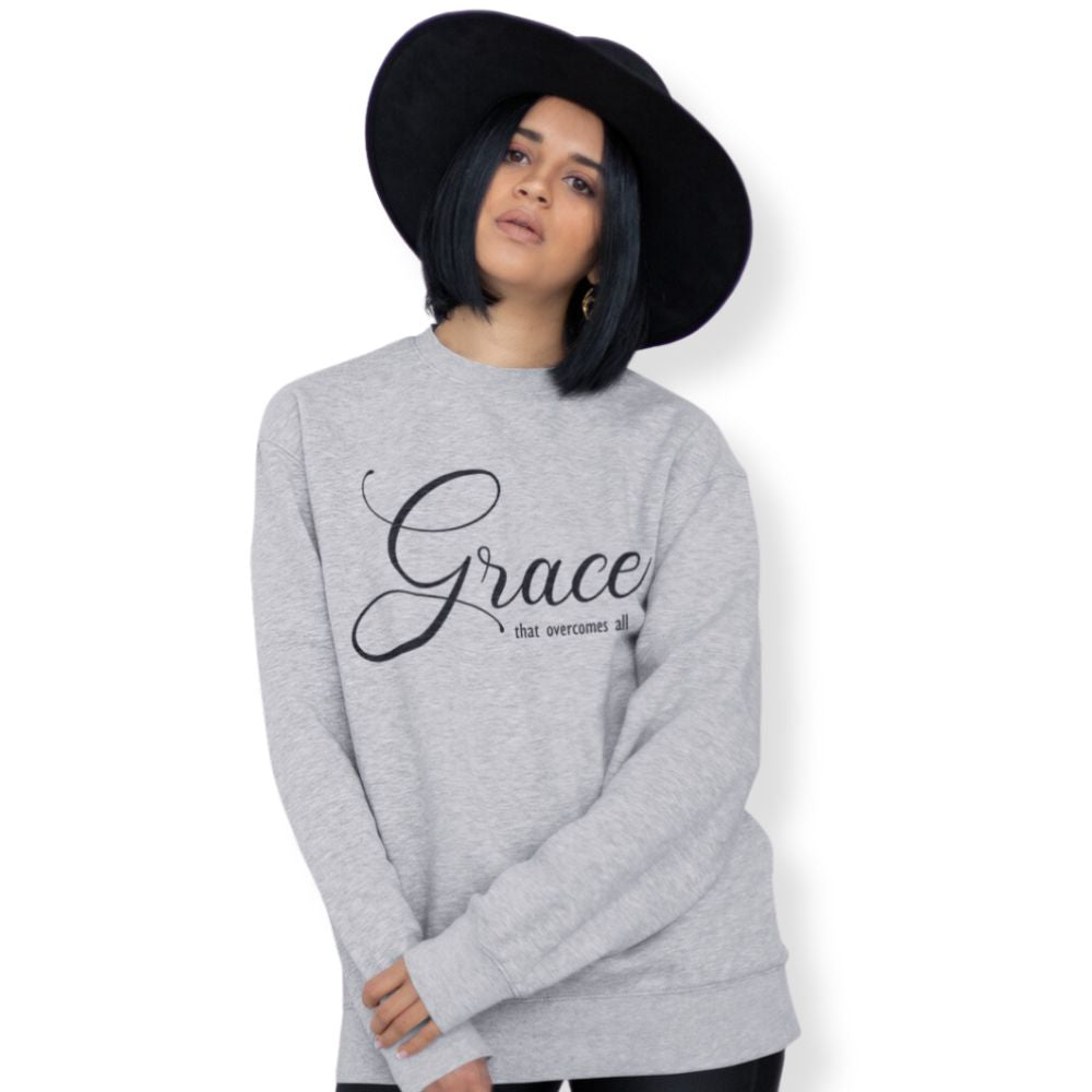 Grace Overcomes All Women's Fleece Unisex-Fit Sweatshirt Sport Grey / White Size: S Color: Sport Grey Jesus Passion Apparel