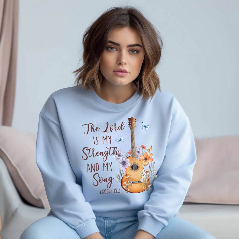 The Lord My Strength and Song Women's Fleece Unisex-Fit Sweatshirt Light Blue / White Size: S Color: Light Blue Jesus Passion Apparel