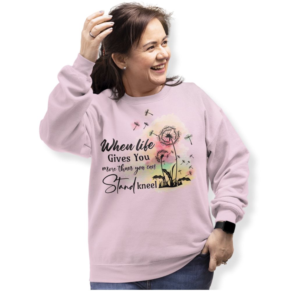 When Life Gives More Kneel Women's Fleece Unisex-Fit Sweatshirt Light Pink / White Size: S Color: Light Pink Jesus Passion Apparel